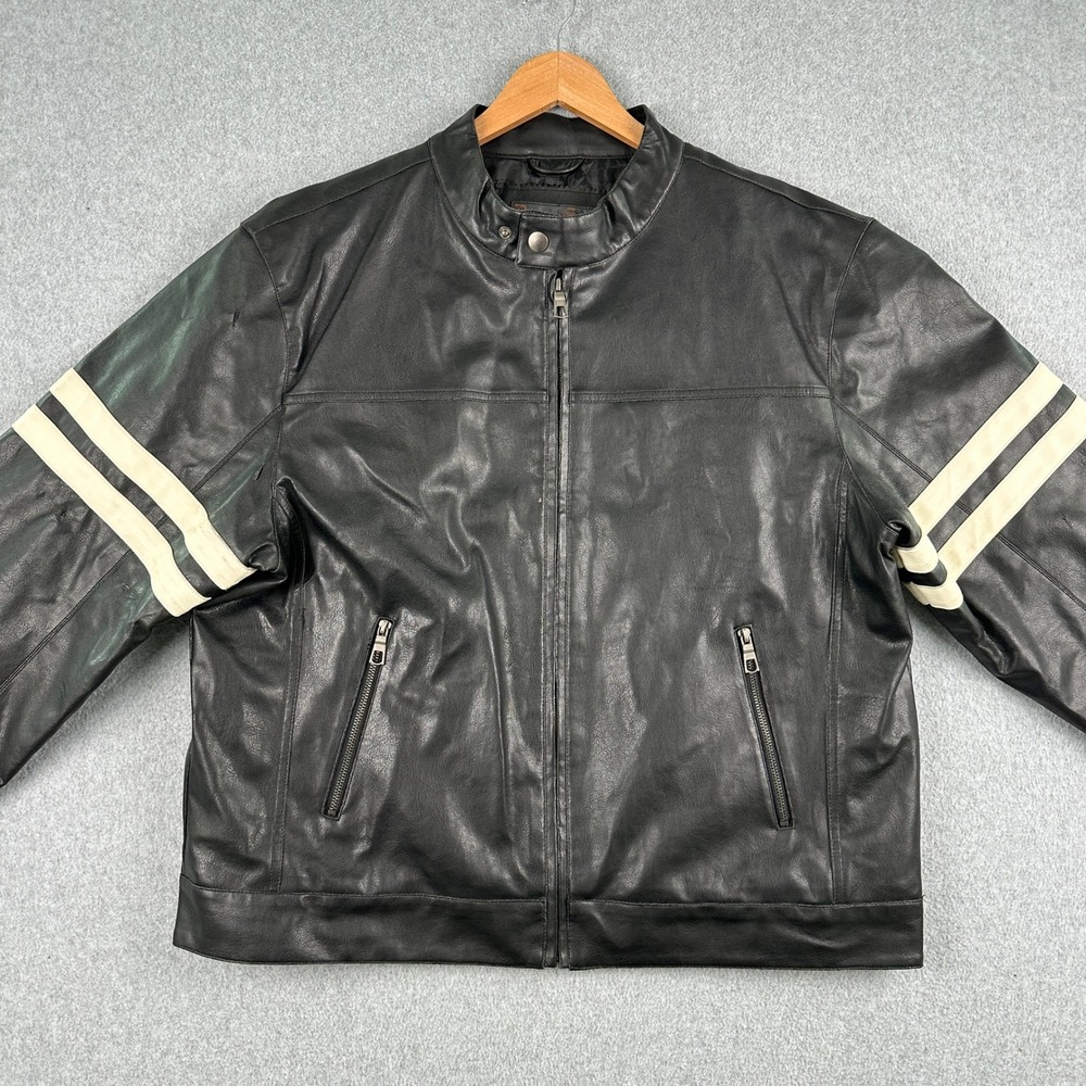 Brave Soul Jacket Mens XL Black Faux Leather Cafe Racer Moto Stripes W8450S1A